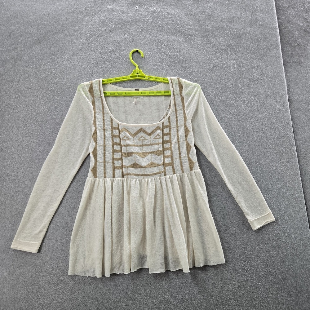 Free People Women Blouse G Cream Geometric Justyana Peplum‎ Pleated Embroidered
